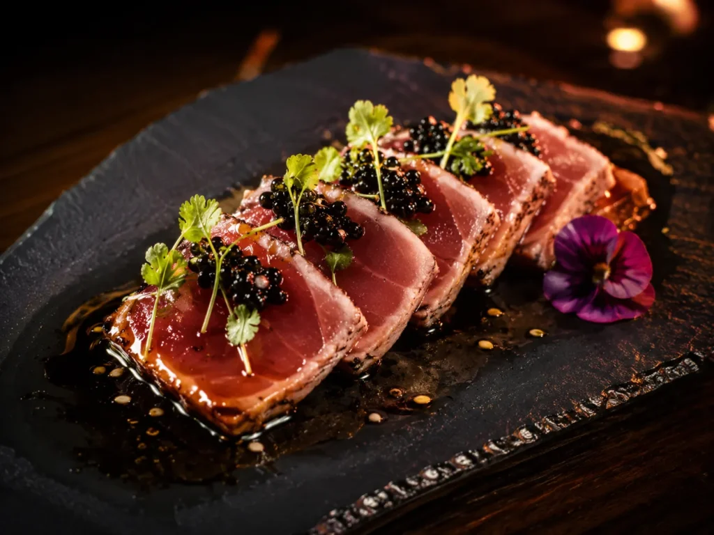 Tataki de atún con flor comestible